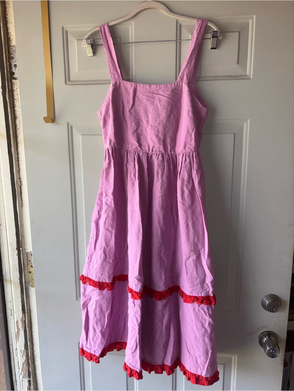 Dora Larsen pink linen blend tiered ruffle dress size 6